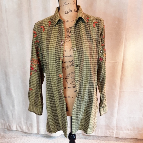 Bobbie Brooks Green Plaid Embroidered Button Cotton Tunic Size S - Picture 2 of 12